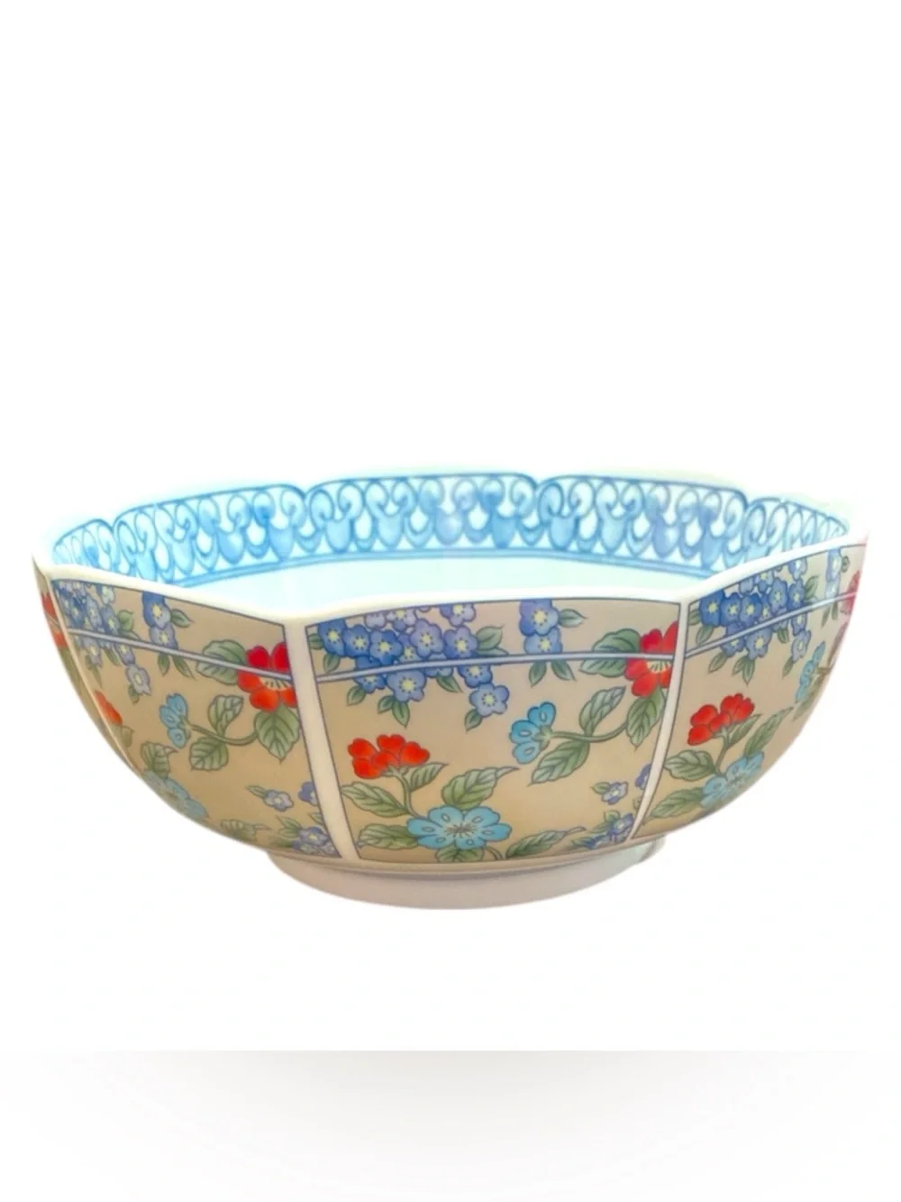 Set of 3 Chinoiserie Asian Floral Ceramic Bowls Blue White x2 Pasta x1 Cereal